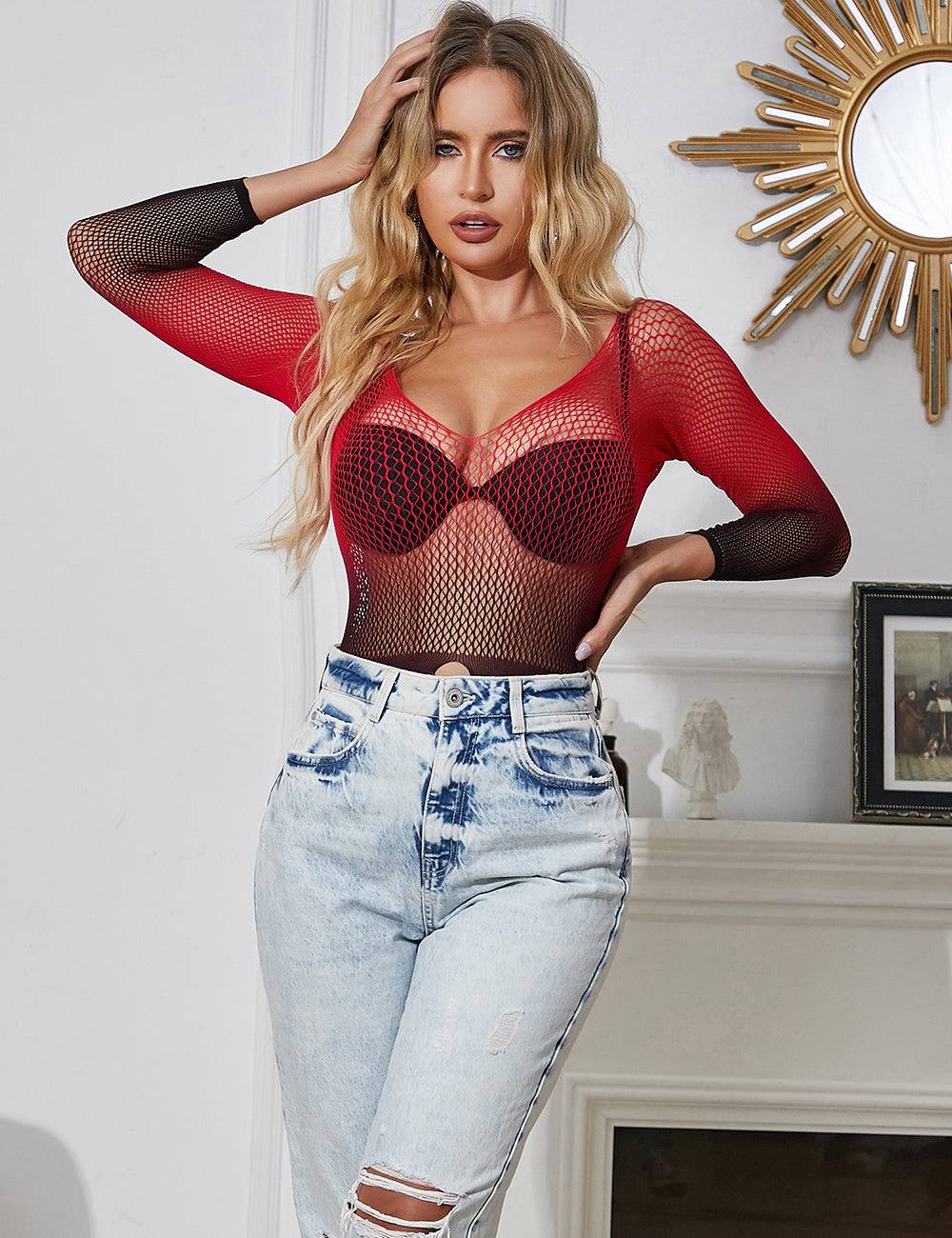 Lau Fashion Damen Body Catsuit Transparent Zweifarbig Stocking Rückfrei Nylon Netz Dessous S/XL Neueste Stile