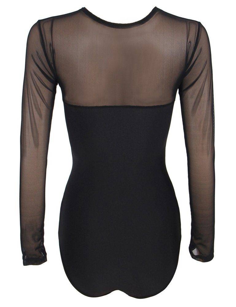 Lau Fashion Damen Body Unterwäsche mit Transparent Stoff Schwarz Rundhals Langarm S/M - R80373 Super Rabatt
