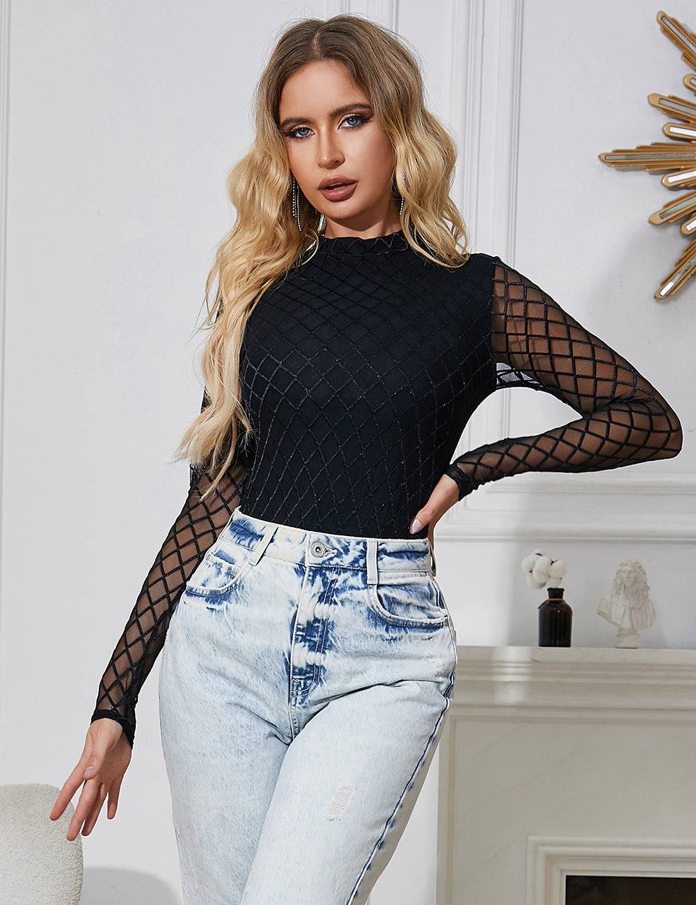Lau Fashion Schwarzer Karo Mesh-Body mit hohem Halsausschnitt Riesige Rabatte