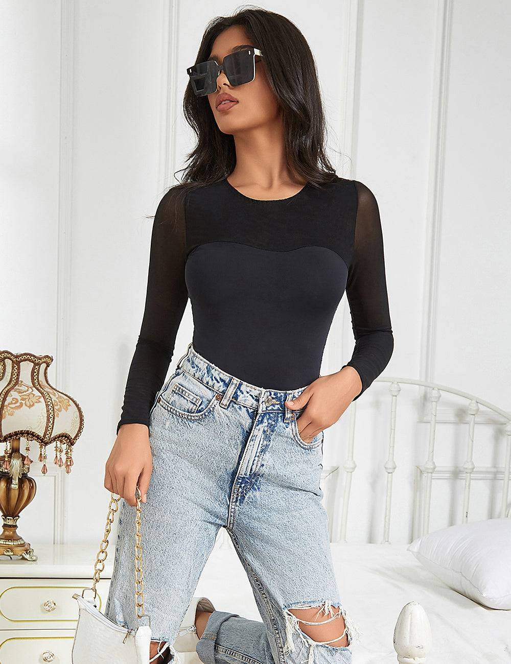Lau Fashion Long Sleeve Body Unterwäsche Transparent Stoff Schwarz Rundhals Langarm S/M - R81222 50% Rabatt mit kostenlosem Versand