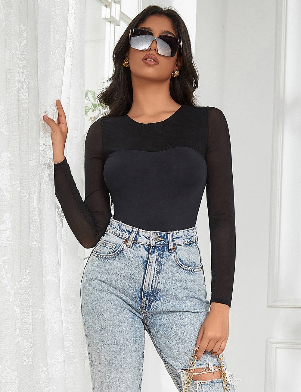 Lau Fashion Long Sleeve Body Unterwäsche Transparent Stoff Schwarz Rundhals Langarm S/M - R81222 50% Rabatt mit kostenlosem Versand