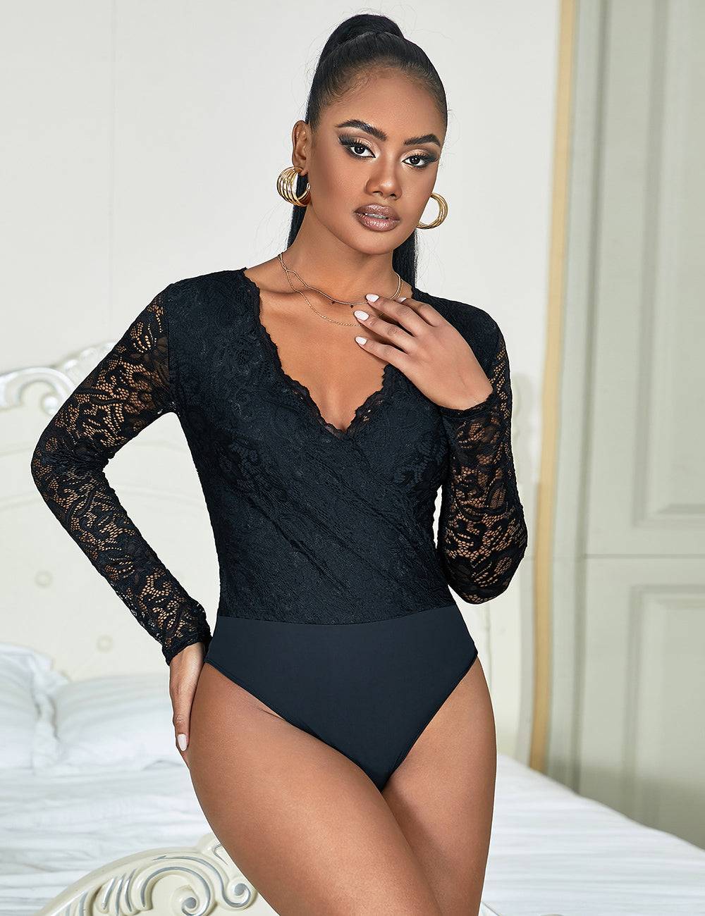 Lau Fashion Damen Spitze Body Langarm Bodysuits Schwarz Unterwäsche Blumen Dessous Reizwäsche S/XL Clearance-Verkauf