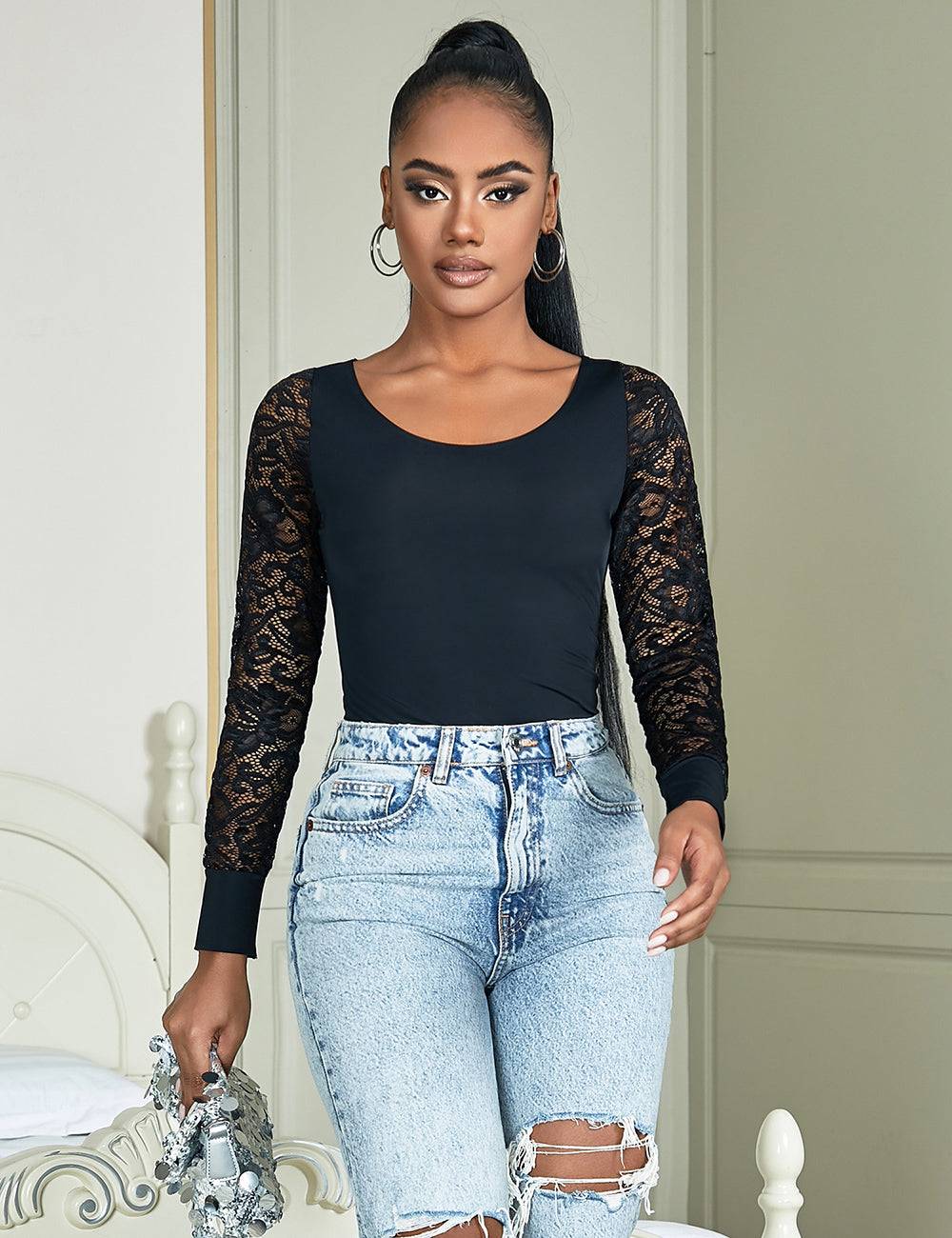 Lau Fashion Bodysuits Langarm Body Spitze Lace Unterwäsche Blumen Dessous Reizwäsche S/XL Kostenloser Versand international