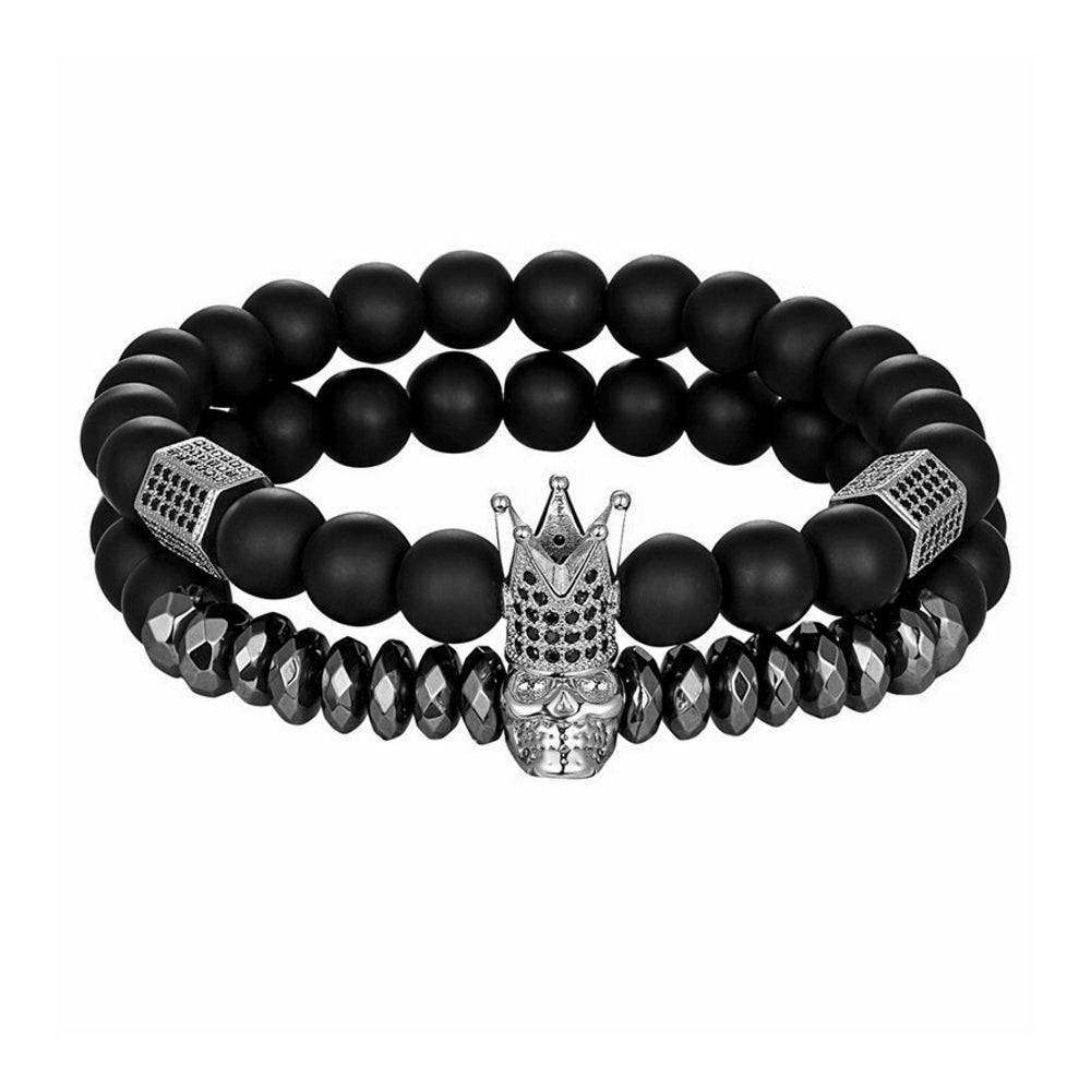 Lau Fashion Armband Totenkopf Schädel Krone Matt Schwarz Unisex Kugeln 8cm Online Shopping