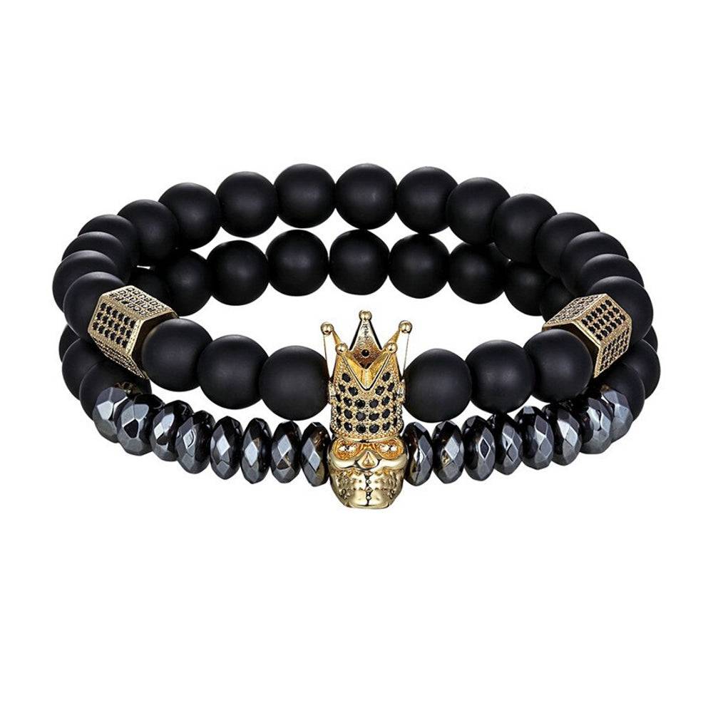 Lau Fashion Armband Totenkopf Schädel Krone Matt Schwarz Unisex Kugeln 8cm Online Shopping