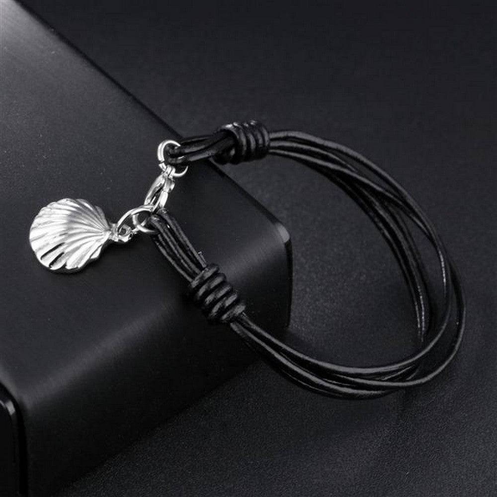 Lau Fashion Titan Echt Leder Armband Muschel Schwarz Surfer Syle Schmuck 18,5cm Saisonschlussverkauf