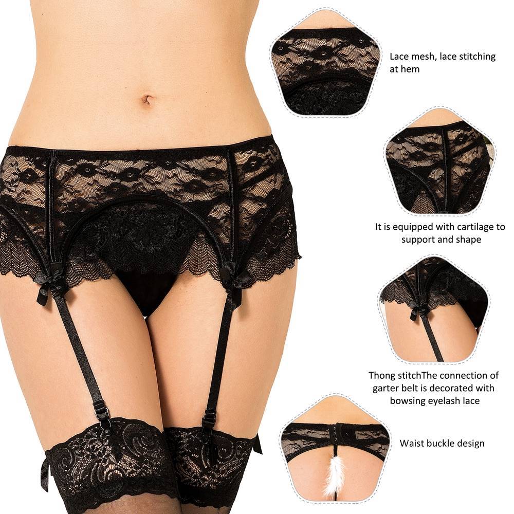 Lau Fashion Strumpfhalter Unterwäsche Strapsgürtel Spitze Dessous Hüfthalter Strapse String Tanga S/XL - P5129-1 Kauf eins, bekomm eins gratis