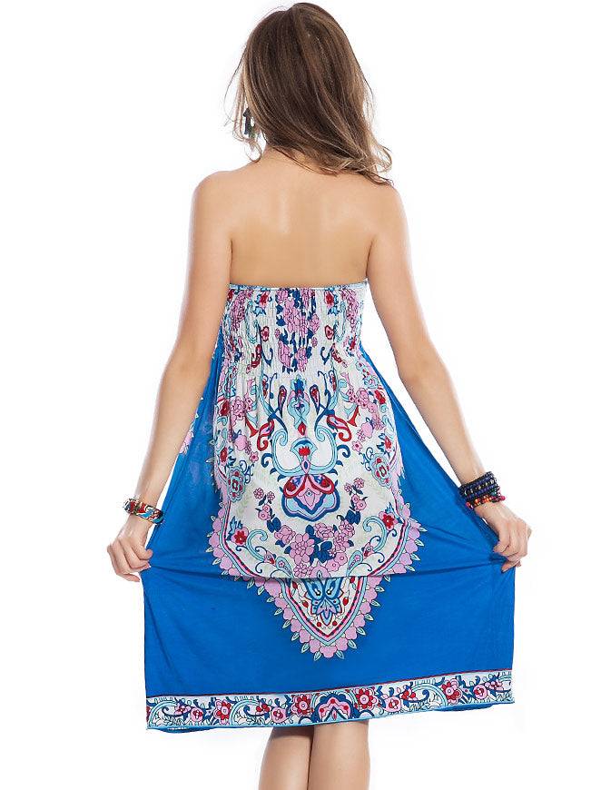 Lau Fashion Damen Strandkleid Blumen Blau Triball Parero Sommerkleid Bandeau Sommerkleid S/M Sonderangebote