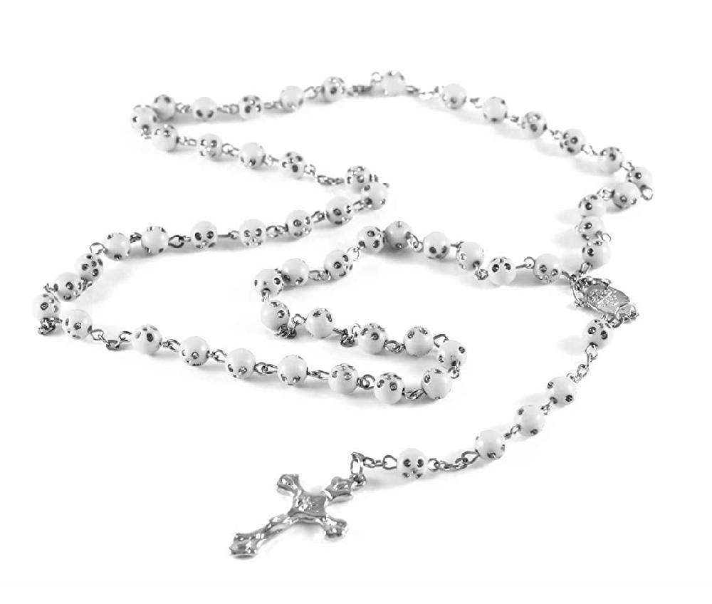 Lau Fashion Rosenkranz Kette Kreuz Jesus Anhänger Bettel Strass Zirkonia Unisex 55cm Black Friday Preise