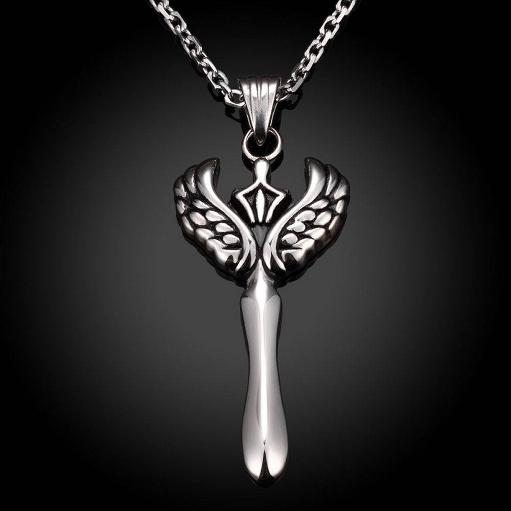 Lau Fashion Herren Halskette Edelstahl mit Schwert Flügel Krone Männer Skull Schmuck Ø 62mm Online