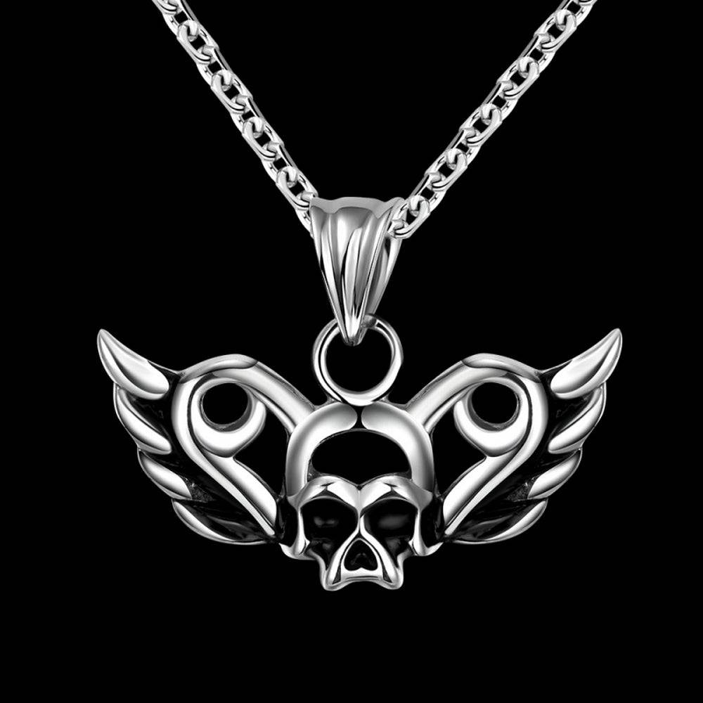 Lau Fashion Edelstahl Herren Halskette mit Totenkopf Flügel Biker Skull Männer Schmuck Ø 26mm Outlet