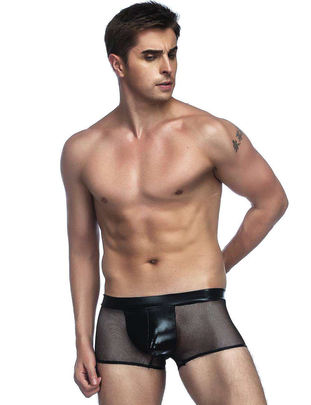 Lau Fashion Sexy Herren Netz Boxershorts Slip Lack Leder Wetlook Männer Unterwäsche M/L Black Friday