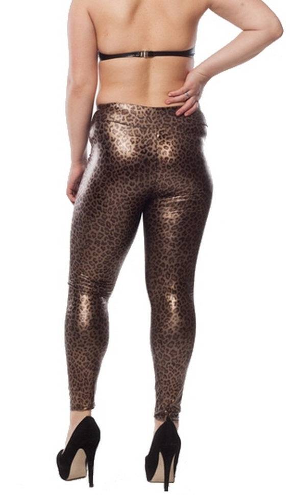 Lau Fashion Leopard Damen Leggings Wetlook Stretch Hose Lack Leder Jeggings S/M Neueste Mode
