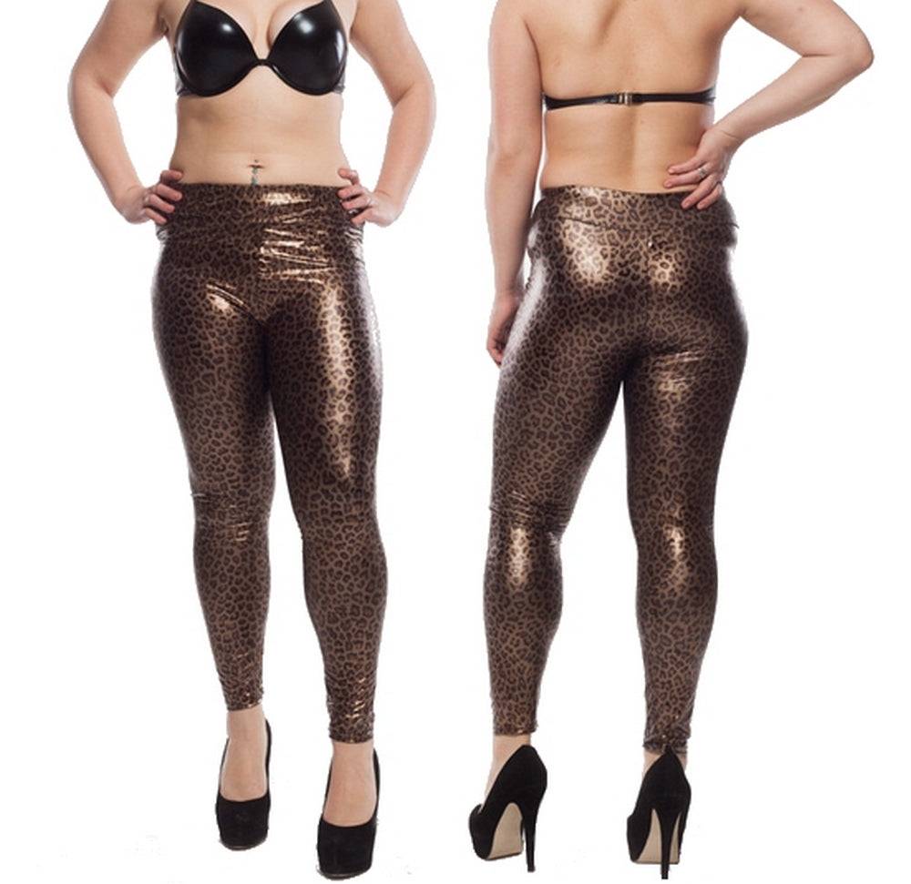 Lau Fashion Leopard Damen Leggings Wetlook Stretch Hose Lack Leder Jeggings S/M Neueste Mode