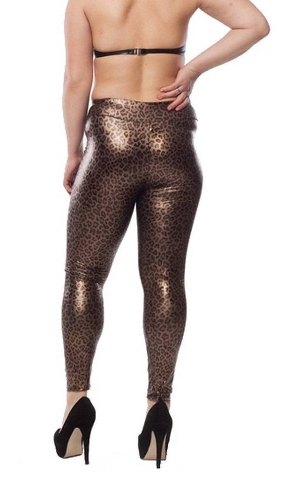 Lau Fashion Leoparden Wetlook Stretch Leggings Glanz Lack Leder Jeggings Hose Treggings L/XL Zeitlich begrenztes Angebot