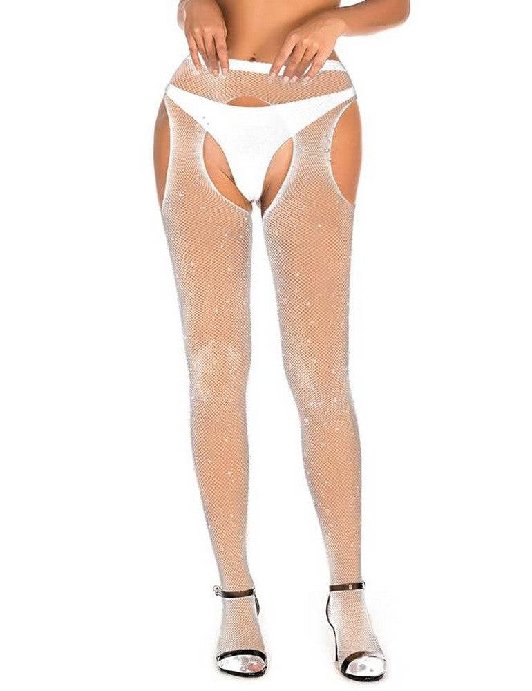 Lau Fashion Sexy Strapse Halter Strass Strümpfe Fishnet Strumpfhose Schritt Offen Gogo Schwarz S/M/L/XL - H3477 Neueste Stile