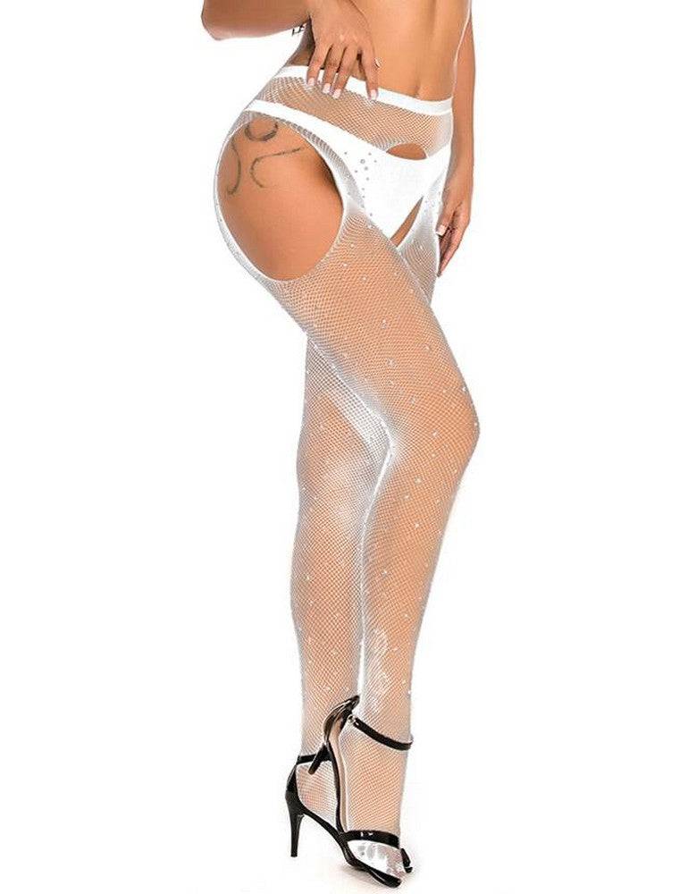 Lau Fashion Sexy Strapse Halter Strass Strümpfe Fishnet Strumpfhose Schritt Offen Gogo Schwarz S/M/L/XL - H3477 Neueste Stile