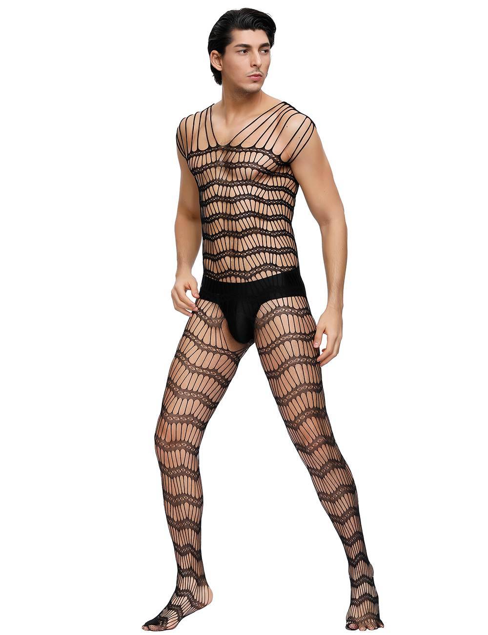Lau Fashion Herren Bodystocking Netz Catsuit Bänder Transparent Dessous Schwarz Nylon S/M/L Bis zu 55% Rabatt