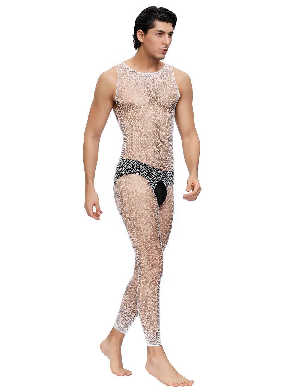 Lau Fashion Herren Netz Catsuit Transparenz Reizwäsche Weiß Bodystocking Nylon S/M/L Super Rabatt