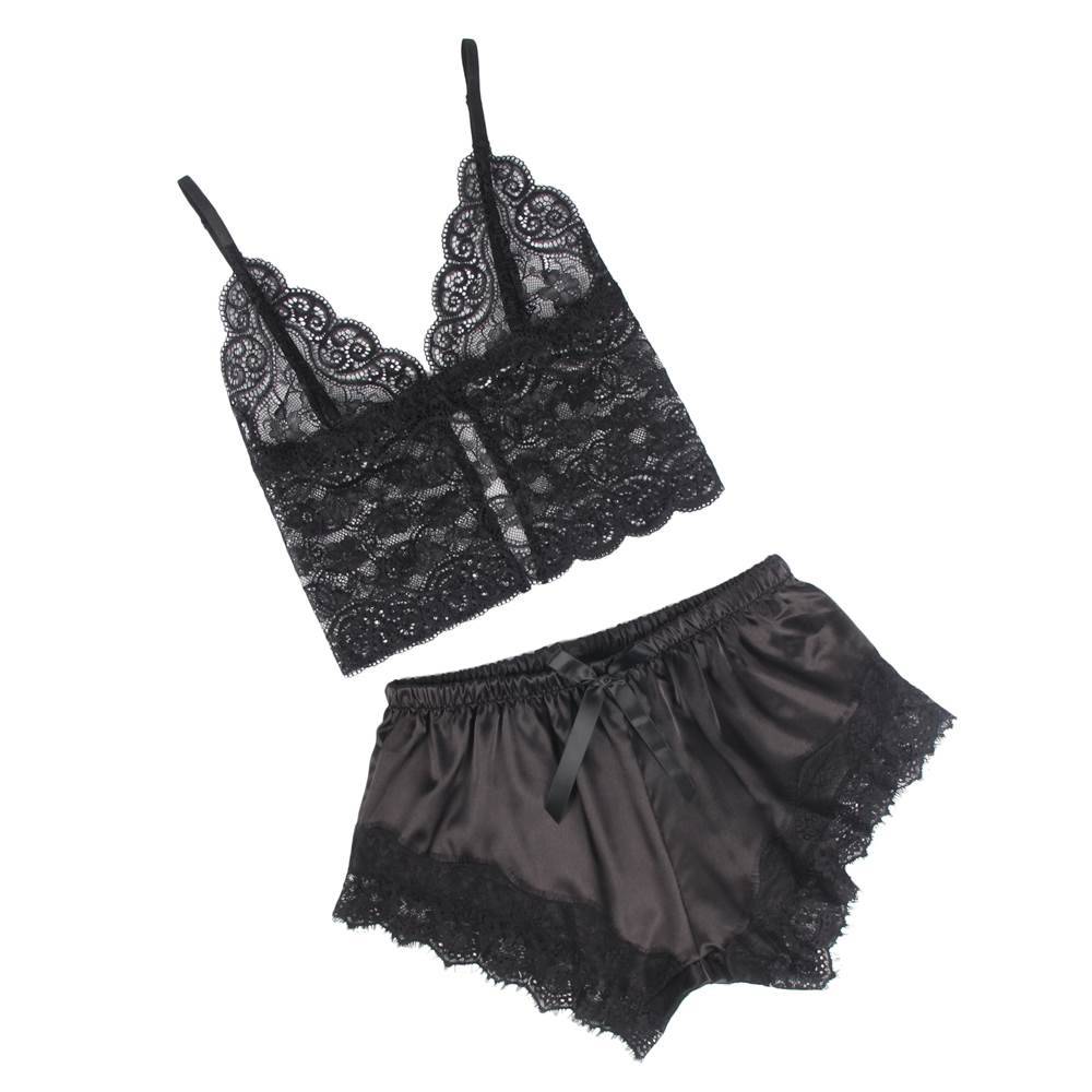 Lau Fashion Sexy Spitze Frauen Schlafanzug Satin Pyjama Set zweiteilig Nachtwäsche S/XL Online Outlet