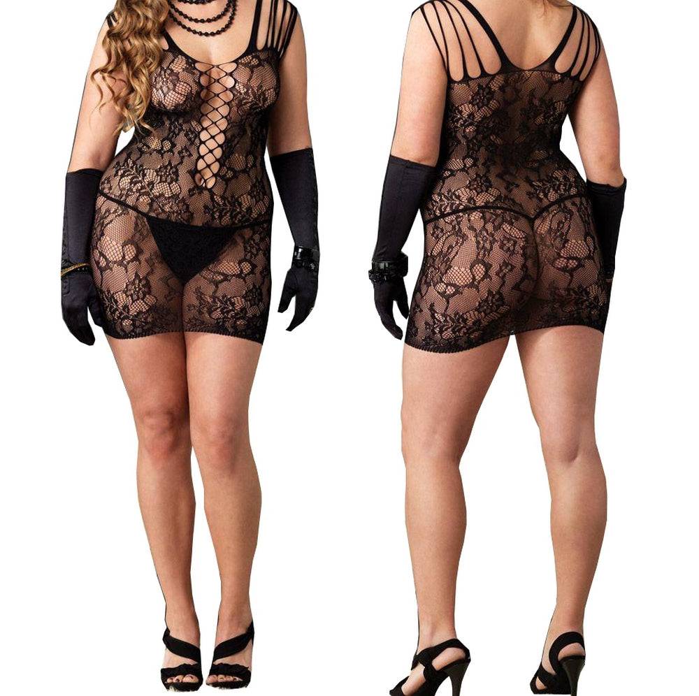 Lau Fashion Damen Spitze Catsuit Nylon Netz Dessous Offen Gogo Reizwäsche Overall L/XL