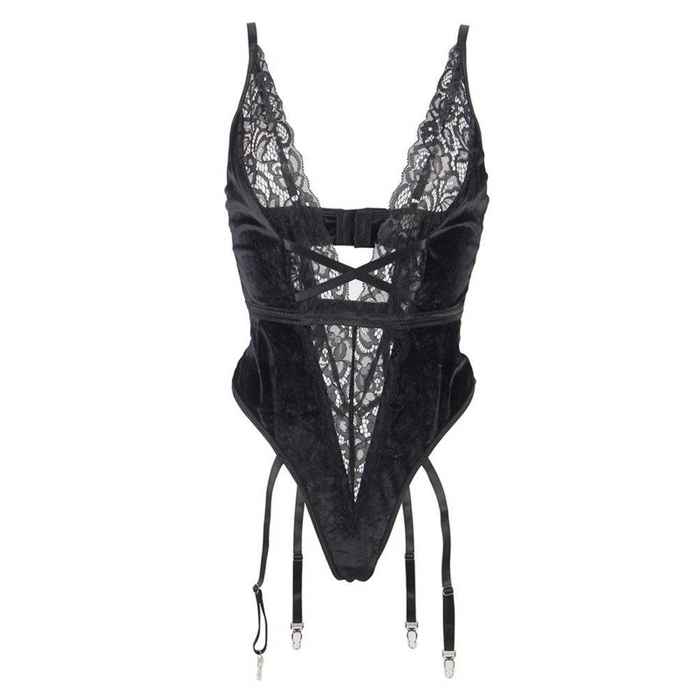Lau Fashion Bodysuits Strumpfhalter Ärmellos Body V-Ausschnitt Samt Unterwäsche Blumen Reizwäsche S/XL Outlet