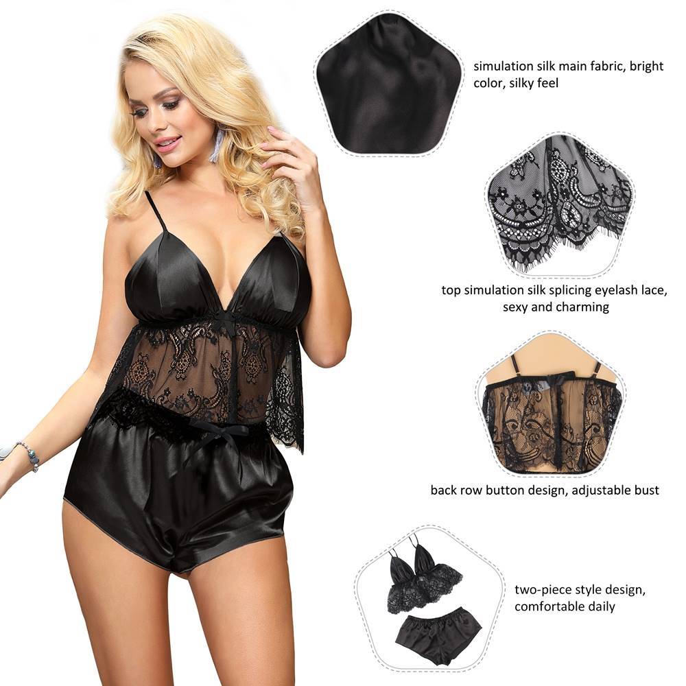 Lau Fashion 2er Pyjama Dessous Set Spitze Shorts Seide Transparent Offen Damen Unterwäsche M-XL - R80960-2 Angebote