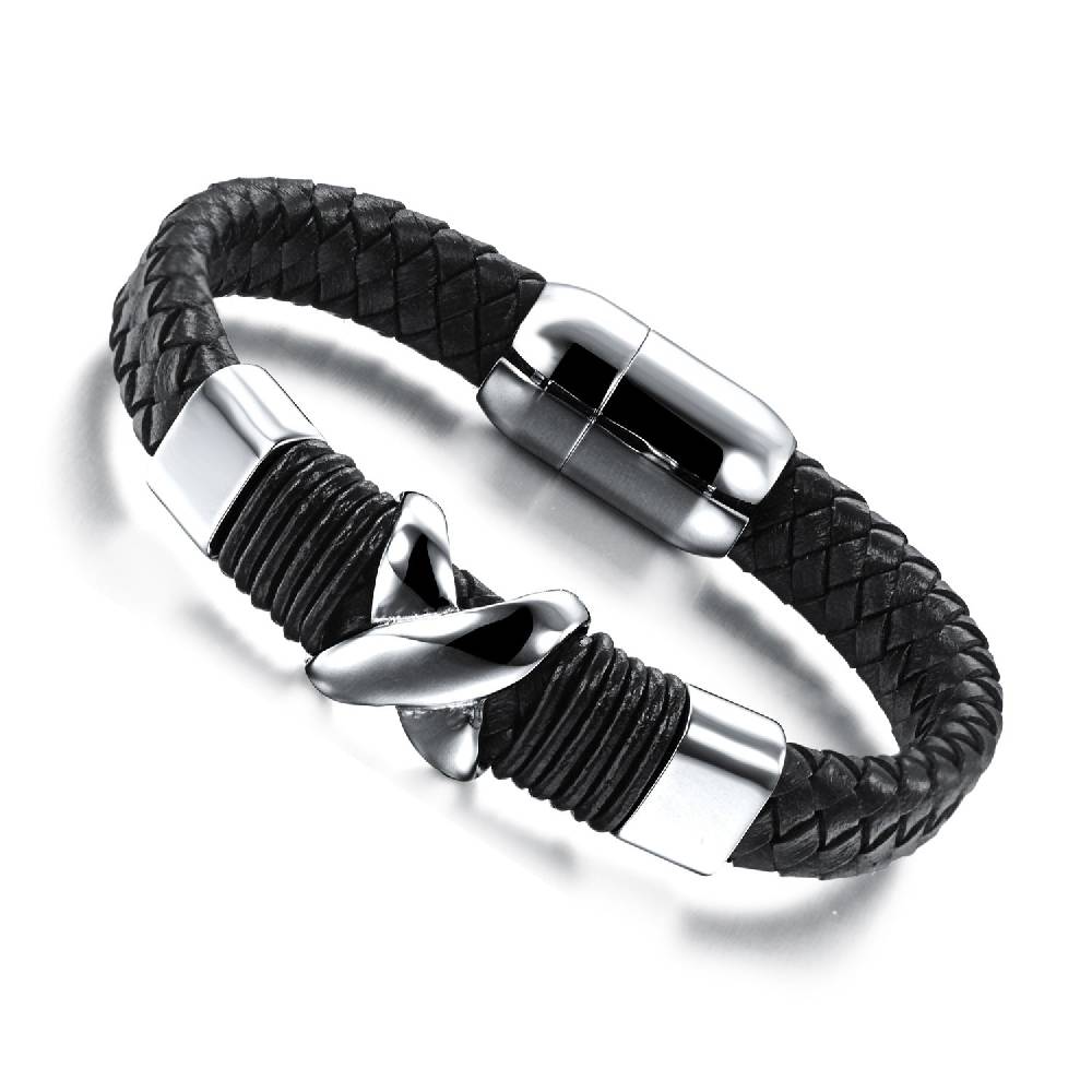 Lau Fashion Herren Armband Echt Leder X Elemente Schwarz Biker Lederband Magnet 20cm