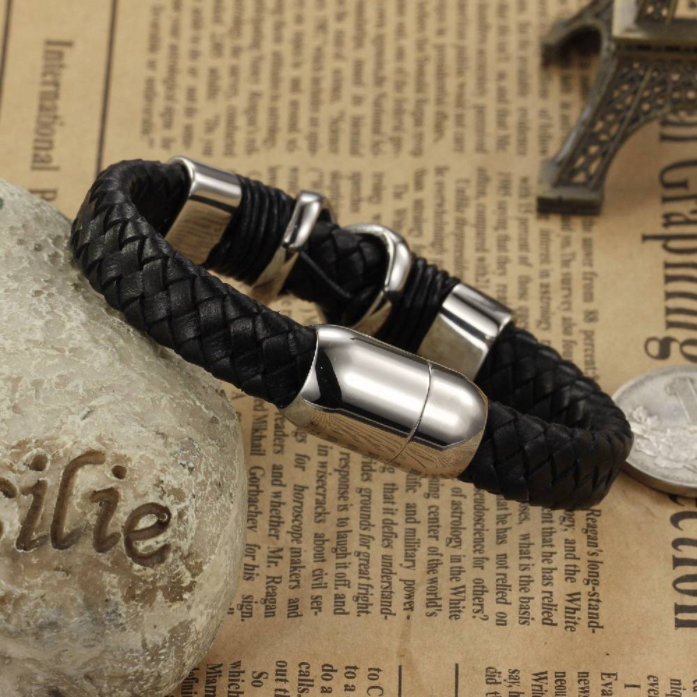 Lau Fashion Herren Armband Echt Leder X Elemente Schwarz Biker Lederband Magnet 20cm Günstiger Verkauf