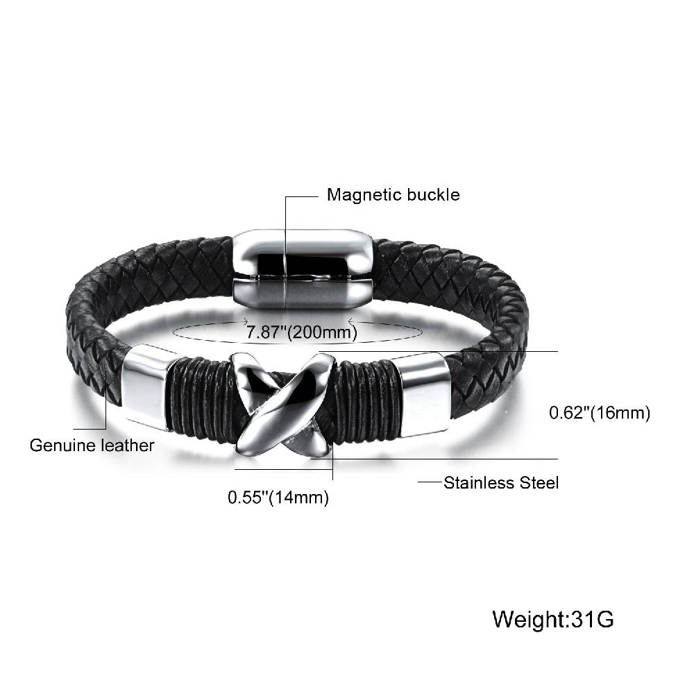 Lau Fashion Herren Armband Echt Leder X Elemente Schwarz Biker Lederband Magnet 20cm Günstiger Verkauf