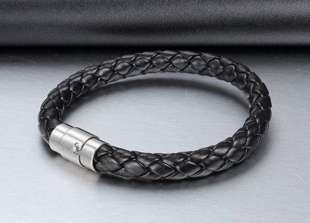 Lau Fashion Unisex Echt Leder Armband Schwarz Schlange Geflochten Lederband Magnet 22cm Fabrikverkauf
