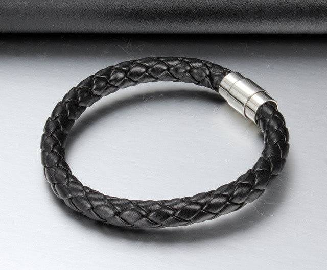 Lau Fashion Unisex Echt Leder Armband Schwarz Schlange Geflochten Lederband Magnet 22cm Fabrikverkauf