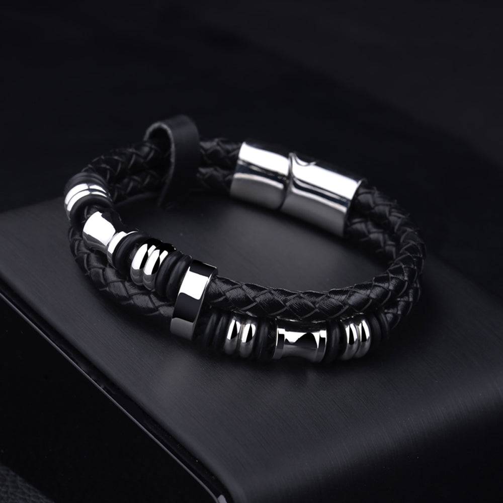 Lau Fashion Echt Leder Herren Armband geflochten Schwarz Lederband Edelstahl Magnet 22cm Meist gekauft