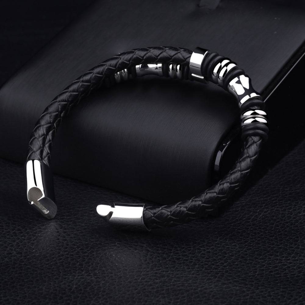 Lau Fashion Echt Leder Herren Armband geflochten Schwarz Lederband Edelstahl Magnet 22cm Meist gekauft