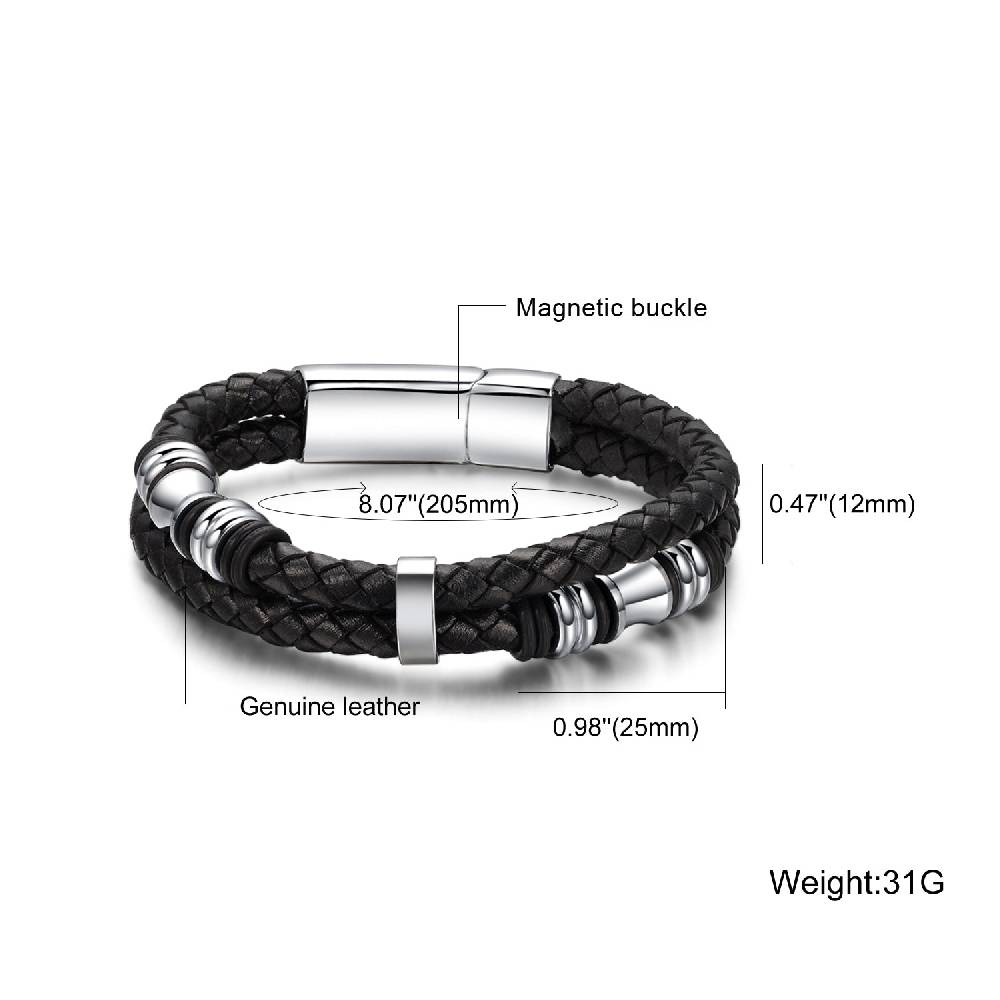 Lau Fashion Echt Leder Herren Armband geflochten Schwarz Lederband Edelstahl Magnet 22cm Meist gekauft