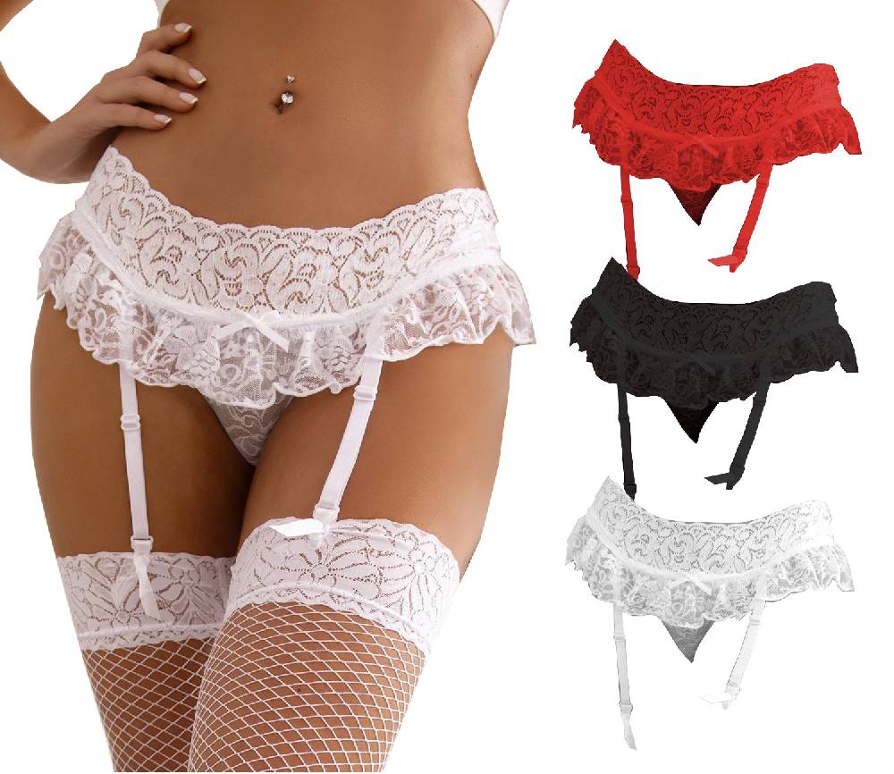 Lau Fashion Strapsgürtel Unterwäsche Strumpfhalter Spitze Dessous Hüfthalter Strapse Offen Slip Gogo S/XL