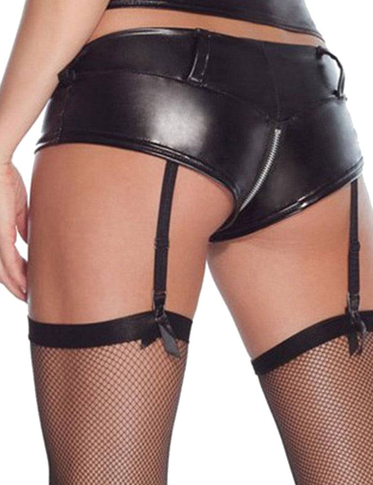 Lau Fashion Damen Lack Leder Slip Strapse Halter Reißverschluss Strumpfgürtel Dessous Schwarz Gogo S/XL Neuheiten