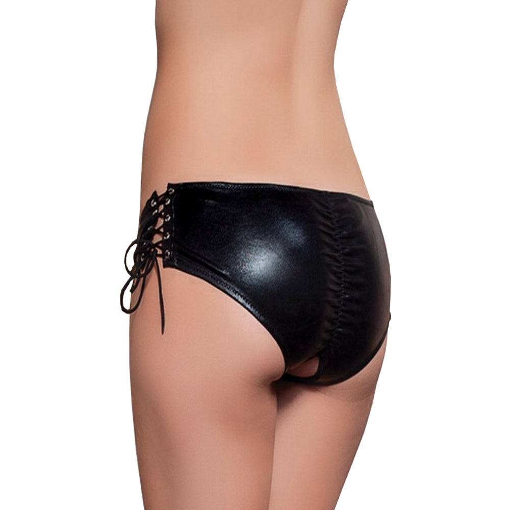Lau Fashion Wetlook Schwarz Damen Lack Leder Panty zum Binden Raffung Intim Offen S/XL Saisonale Angebote