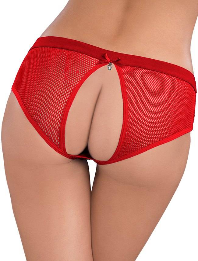 Lau Fashion Damen Netz Slip Offen Rot Popo Panty Reizwäsche mit Schleifchen Strass S/XL Kauf eins, bekomm eins gratis