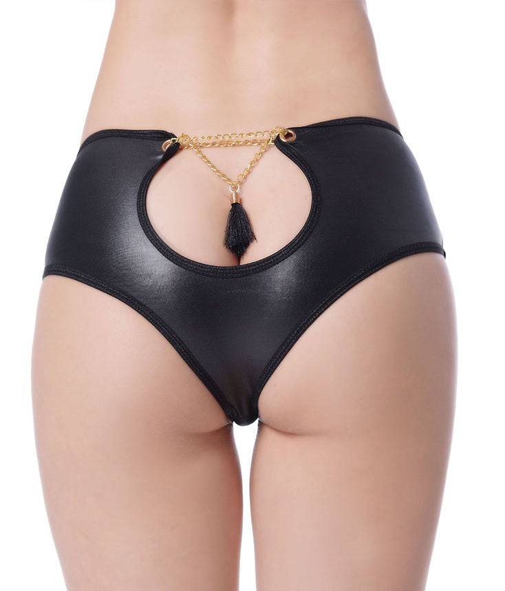 Lau Fashion Damen Wetlook Mini Panty Kette Lack Look Offen Dessous Gogo C-String Shorts S/M Im Verkauf