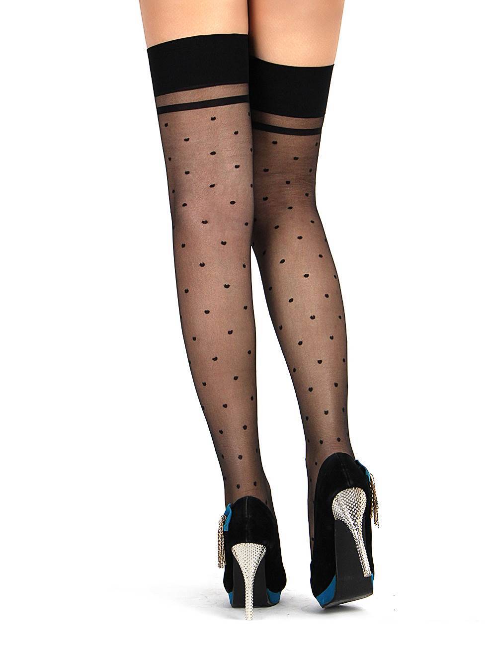 Lau Fashion Damen Nylon Strapse Strümpfe Punkte Schleifchen Halterlose Overknees Schwarz S/M/L - H2142 Heißer Verkauf