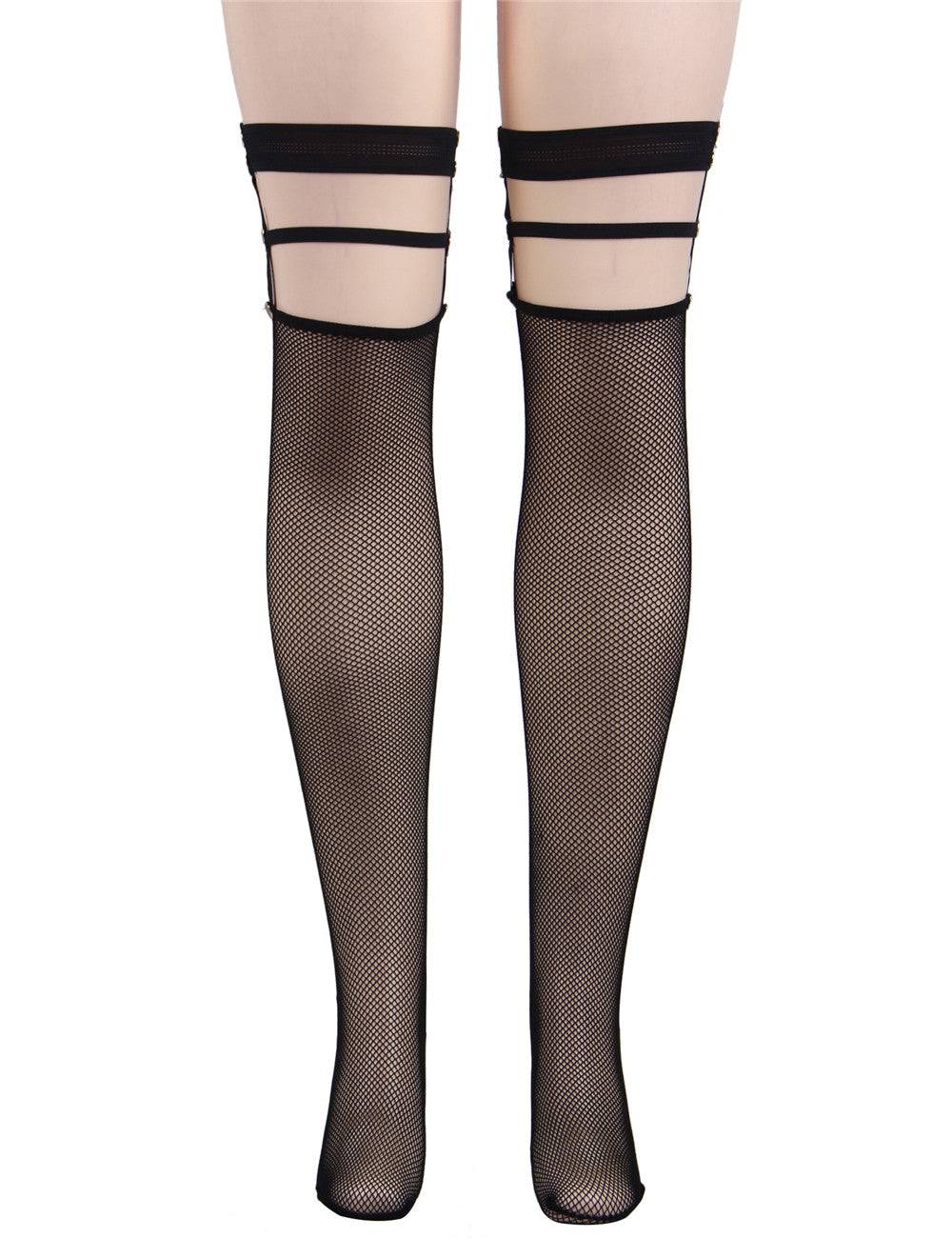 Lau Fashion Damen Netz Strapse Strümpfe Halterlose Overknees mit Nieten Nylon Schwarz S/M Top Angebot