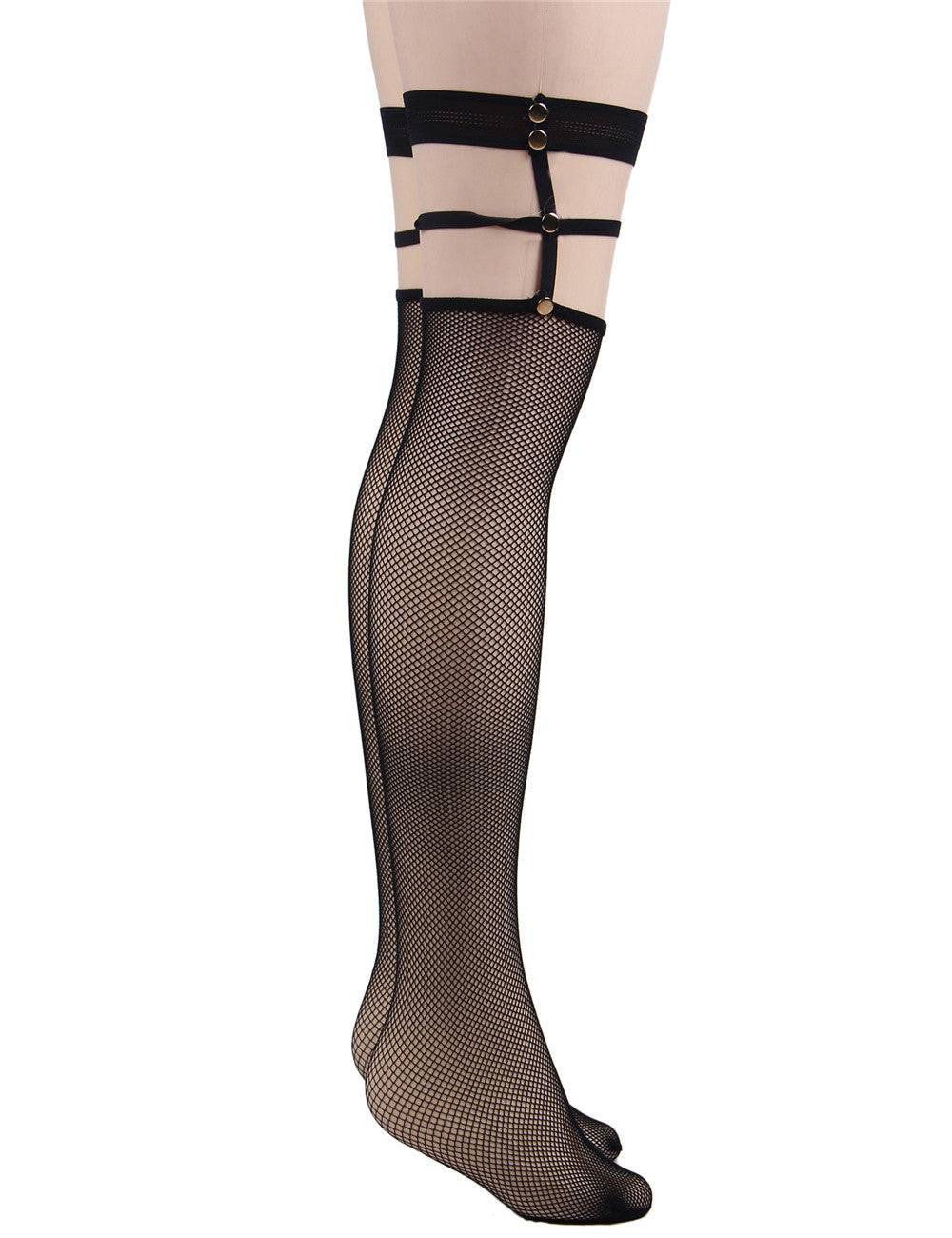 Lau Fashion Damen Netz Strapse Strümpfe Halterlose Overknees mit Nieten Nylon Schwarz S/M Top Angebot