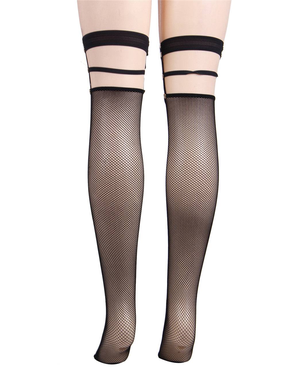 Lau Fashion Damen Netz Strapse Strümpfe Halterlose Overknees mit Nieten Nylon Schwarz S/M Top Angebot