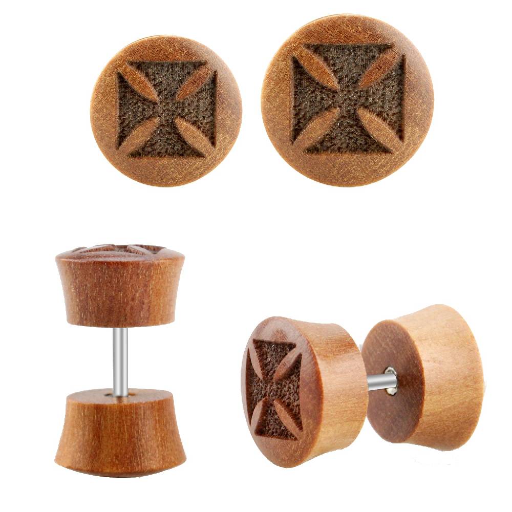 Lau Fashion 2 Stück Eisernes Kreuz Holz Fake Plug Ohrstecker Laser Braun Ohrring Tunnel Ø 10mm Neueste Mode