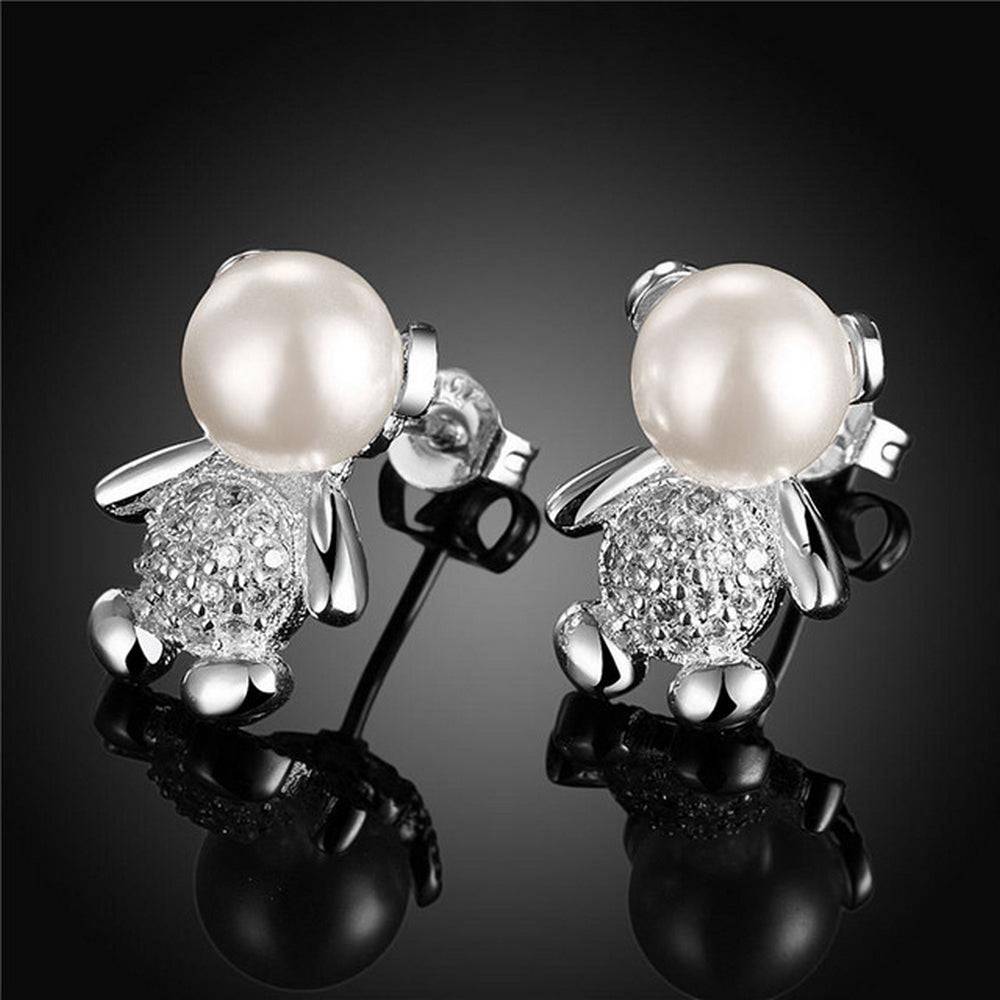 Lau Fashion Süsse Silber Damen Kinder Ohrstecker Teddybär mit Perle Zirkonia Ø 16mm Zeitlich begrenztes Angebot