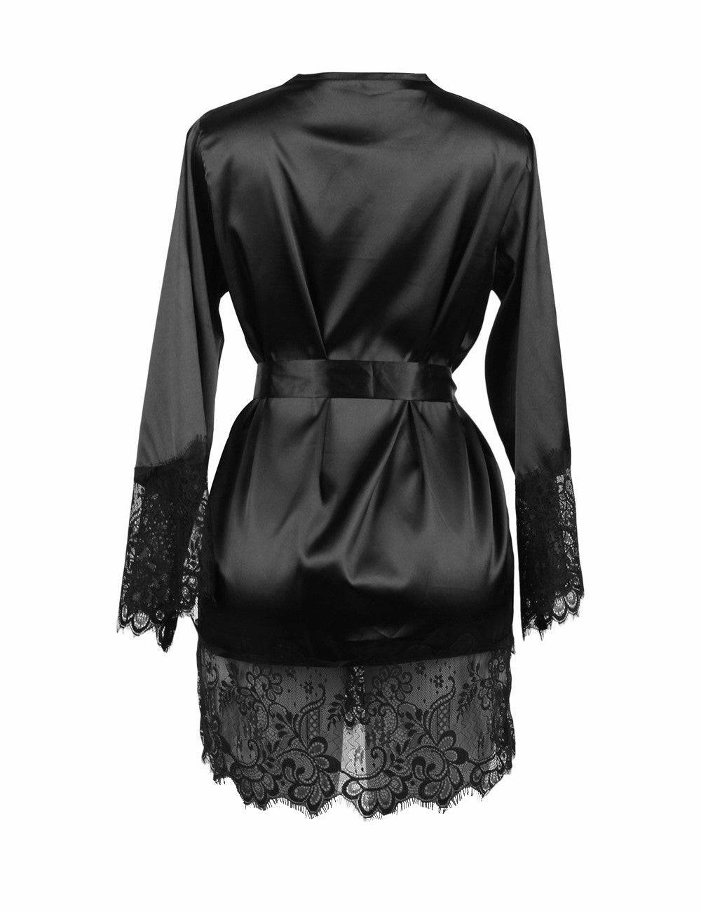Lau Fashion Satin Damen Pyjama Set Spitze Nachthemd Nachtwäsche Schwarz + String S/M/L/XL Super Sparpreis