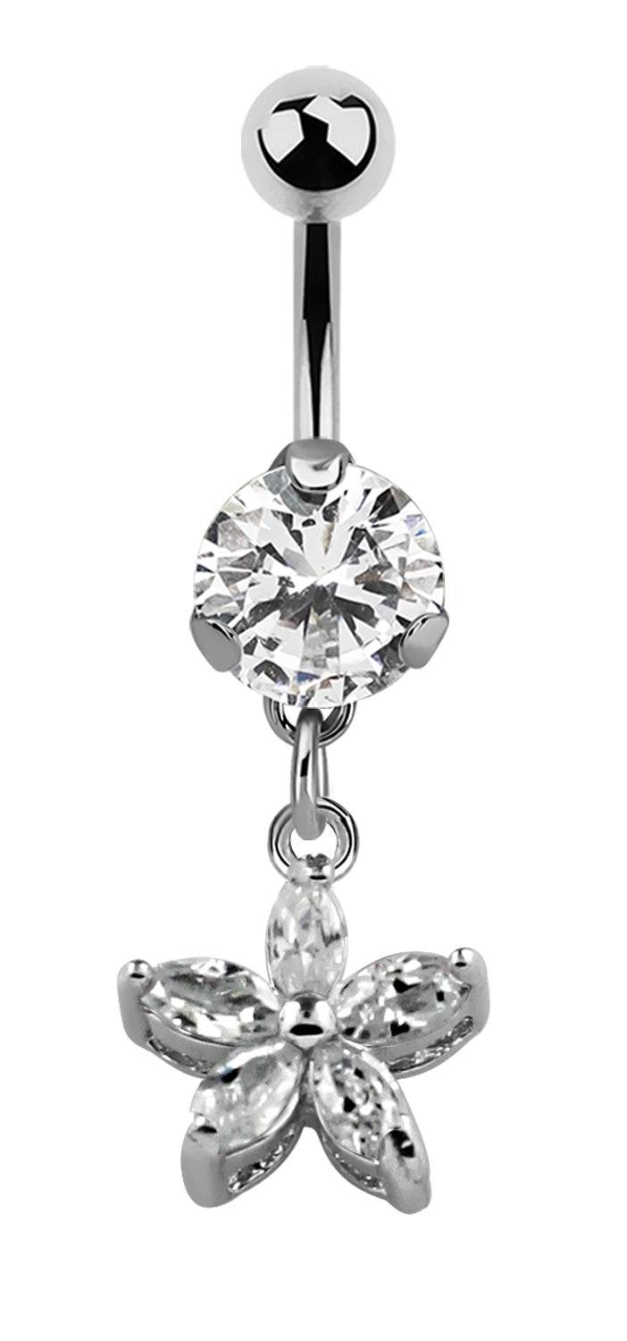Lau Fashion Blumen Stern Bauchnabelpiercing Zirkonia Silber Kristalle Stab 1,6x10mm Stein Ø 8mm Fabrikladen