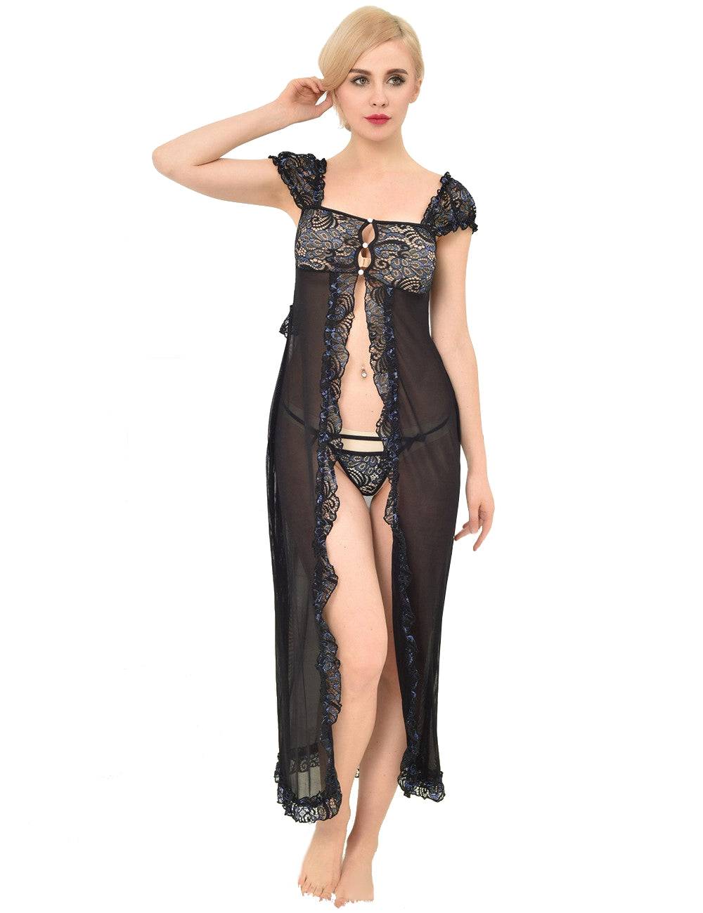 Lau Fashion Damen Dessous Set Langer Spitze Mantel Schwarz Reizwäsche String S/M Limitierter Zeitrabatt