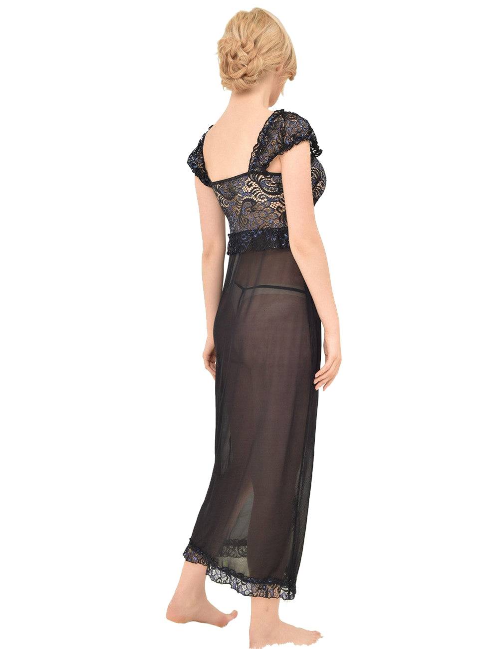 Lau Fashion Damen Dessous Set Langer Spitze Mantel Schwarz Reizwäsche String S/M Limitierter Zeitrabatt